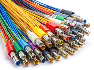 25 Fiber Optic Cables Isolated on White Background - Telecommunications Infrastructure Stock Photo