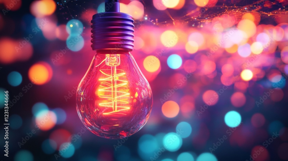 Poster glowing red lightbulb with colorful bokeh background