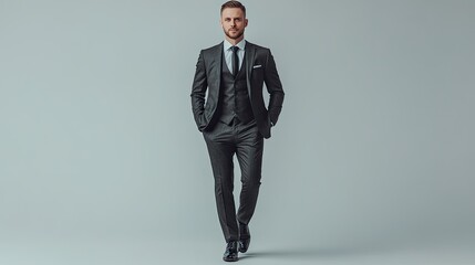 A handsome man in a sharp gray three piece suit posing against a light gray background