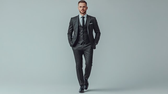 A handsome man in a sharp gray three piece suit posing against a light gray background