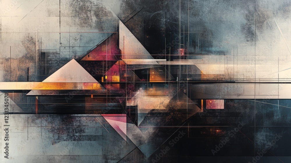Poster a striking abstract artwork featuring geometric shapes and vibrant colors, creating a dynamic and mo
