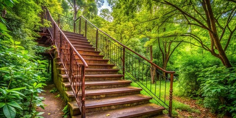 Obraz premium Ancient Rusted Staircase in Lush Garden Path with Overhanging Greenery