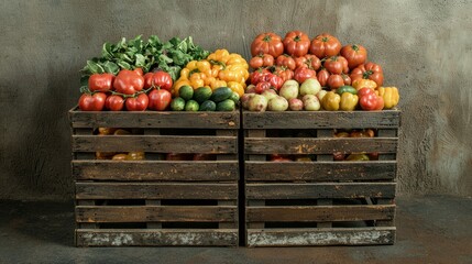 Wooden crate stacked with fresh produce at a farmer's market.