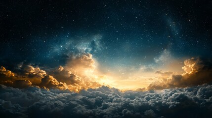 Naklejka premium A breathtaking view of a starry sky illuminated by the glow of the setting sun behind fluffy clouds.