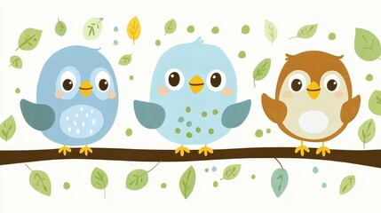 Three Adorable Cartoon Owls Perched on a Branch Amongst Leaves