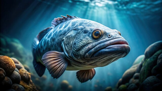 Arctic Wolffish Portrait: Underwater Predator in its Natural Habitat, Copy Space Left