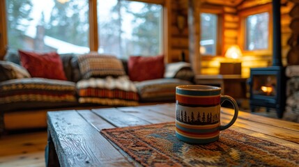 Hot chocolate mug placed on a coffee table in a cozy cabin.