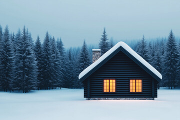 A warm and inviting wooden cabin with glowing lights, nestled in a peaceful snow-covered forest with tall frosty trees in winter