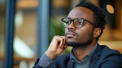 Professional with a furrowed brow, deep in thought during a meeting.