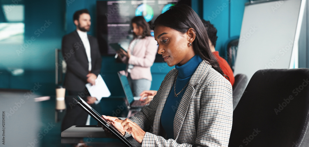 Poster reading, serious and woman with tablet, office and analysis of trends for trading and data analyst. 