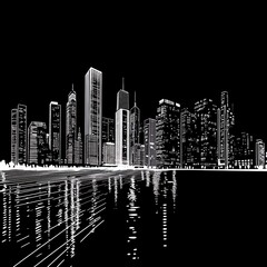 City skyline at night, architectural sketch, urban scene, reflection in water, possible use for wallpaper or print
