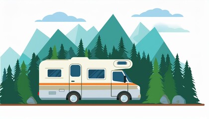 Camping in the forest. Forest camping landscape with rv traveler bus. Vector illustration in flat design.