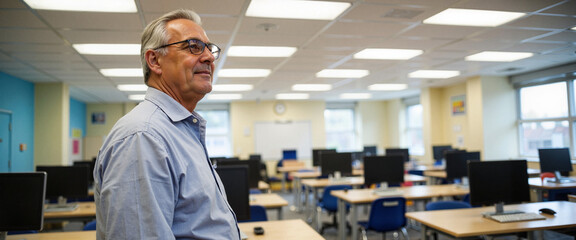 Elderly Hispanic man observing computer lab in school classroom, education