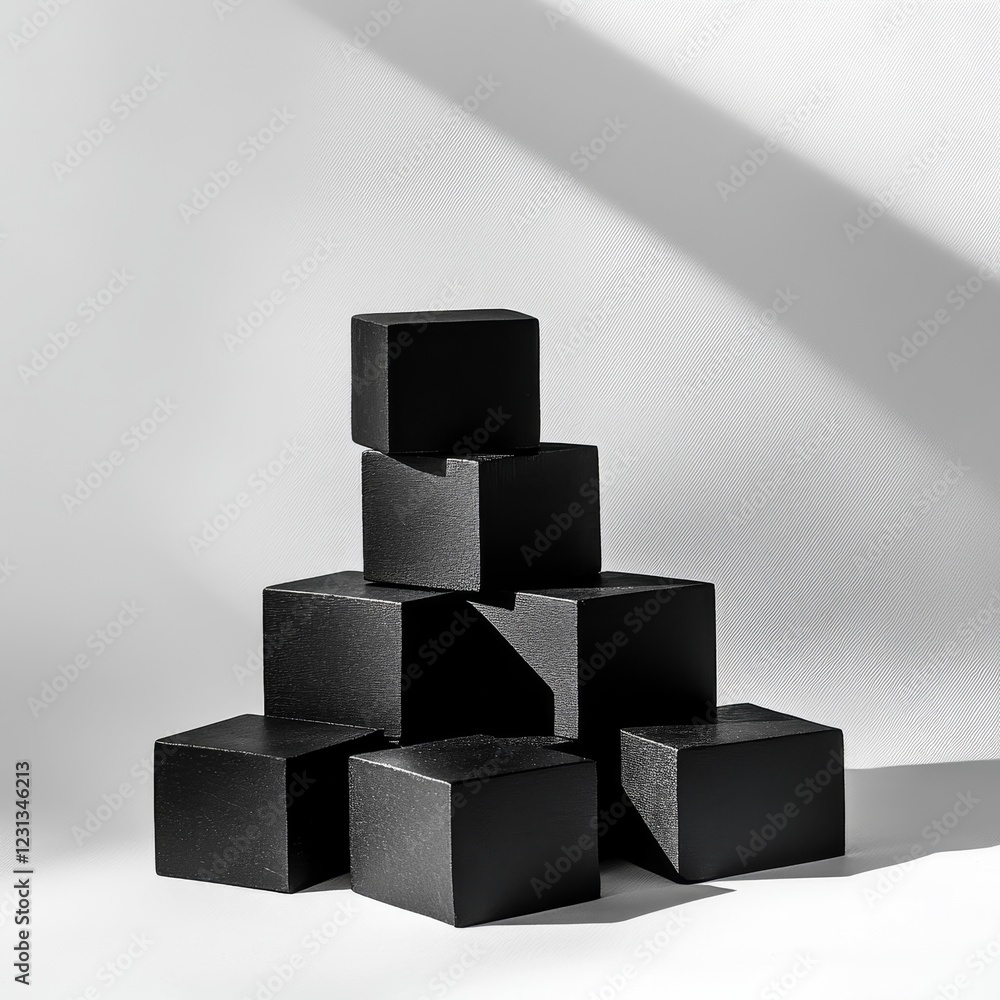 Poster this minimalist image features a stack of black geometric cubes casting shadows on a white backgroun