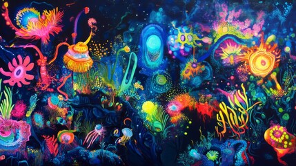 Vibrant Psychedelic Underwater Scene with Glowing Neon Organisms