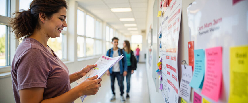 Hispanic mother smiling while browsing event schedule in school corridor, community engagement