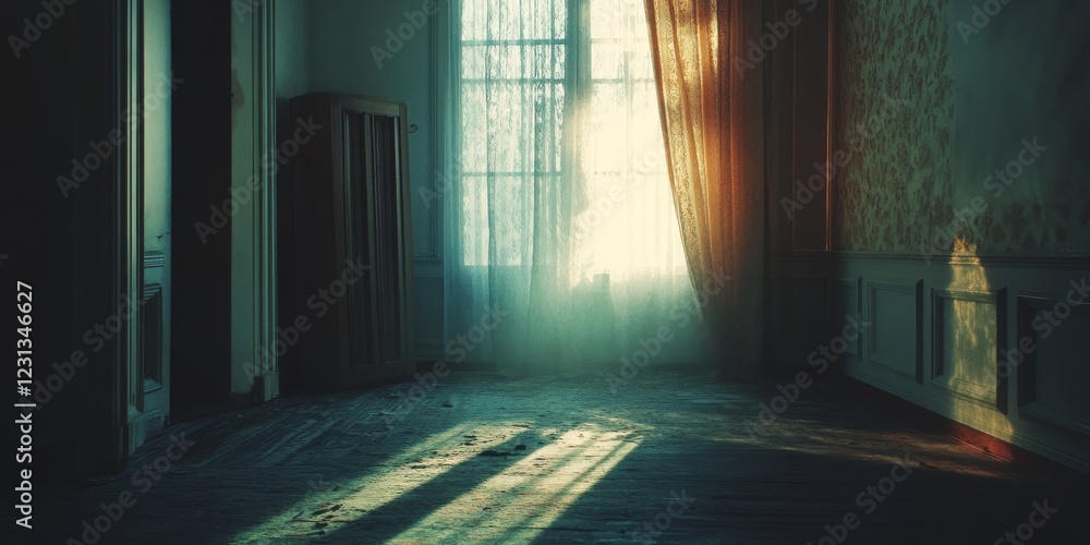 Poster a dark room with a window and a curtain. the room is empty and the sunlight is shining through the w