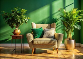 Fototapeta premium Cozy Armchair Reading Nook with Green Wall, Plants & Pillows - Stock Photo