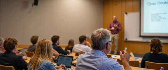 Elderly black man listening attentively at school lecture hall, learning