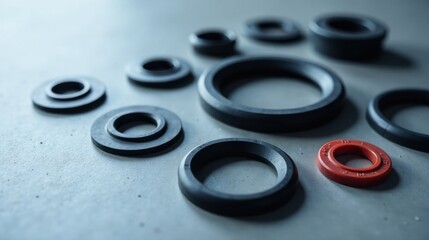 Obraz premium Close-up view of assorted dark gray and red mechanical seals on a smooth surface