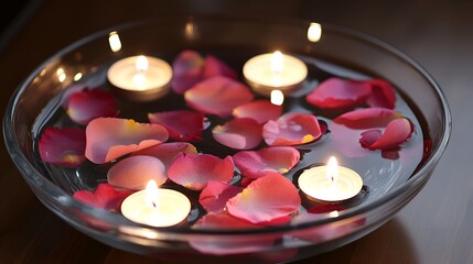 A shallow glass bowl showcasing floating pink rose petals and tealight candles on water.