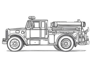 Black and White Line Drawing of a Fire Fighting Emergency Vehicle