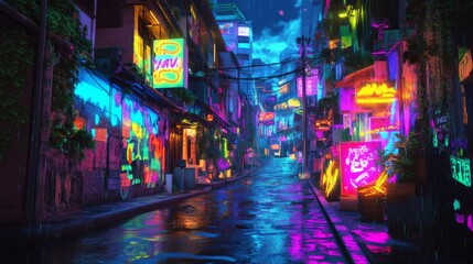 Rainy Neon City Street at Night Pixel Art