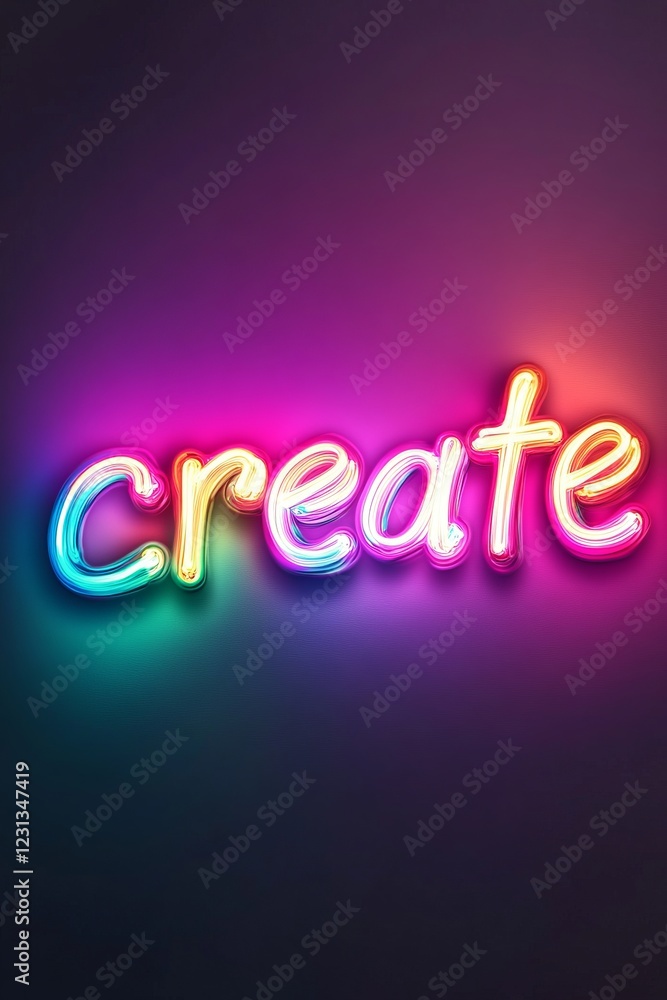 Poster vibrant neon sign displaying the word 'create' in a colorful and artistic style on a dark background