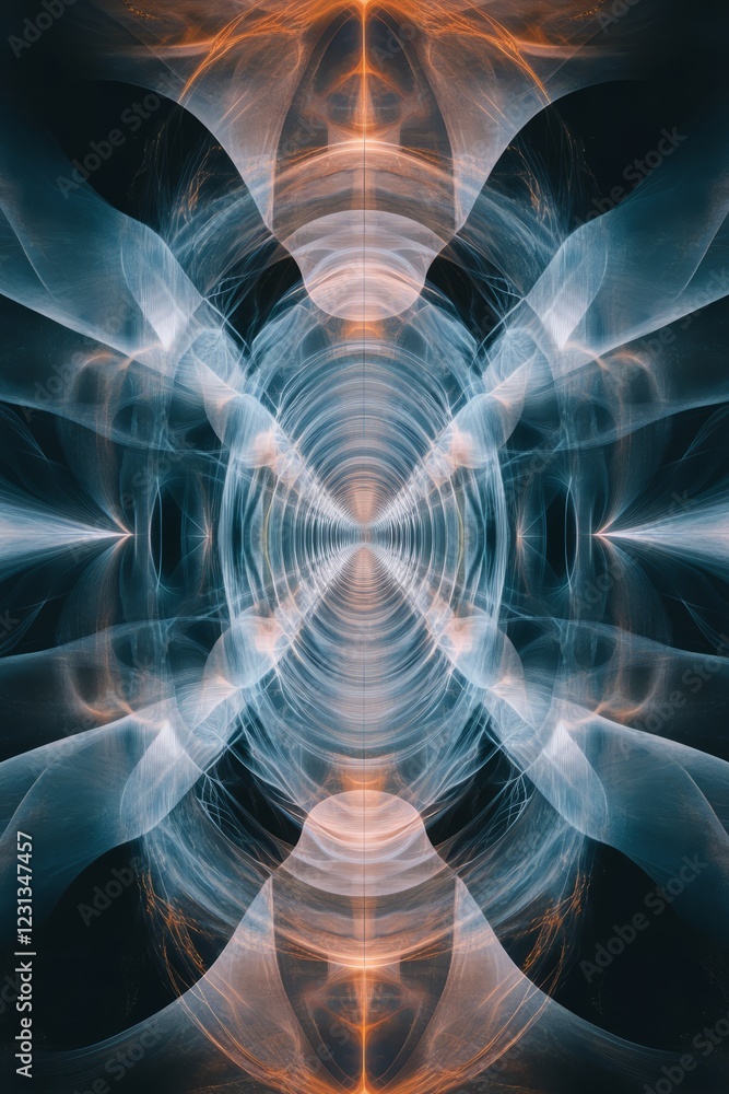 Poster a mesmerizing abstract fractal design featuring symmetrical blue and orange light patterns, evoking 