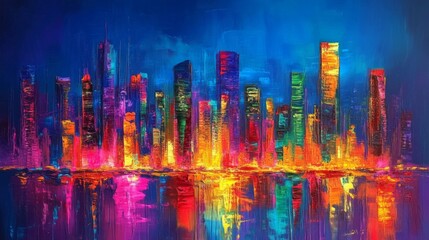 Obraz premium Vibrant Colorful City Night Skyline Painting
