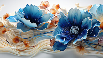 blue and white porcelain patterns composed of minimalist staves entangled and then separated, fractal art 