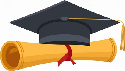 Graduation cap and diploma. Graduation cap and rolled diploma scroll. Vector illustration in flat design. isolated on white background.