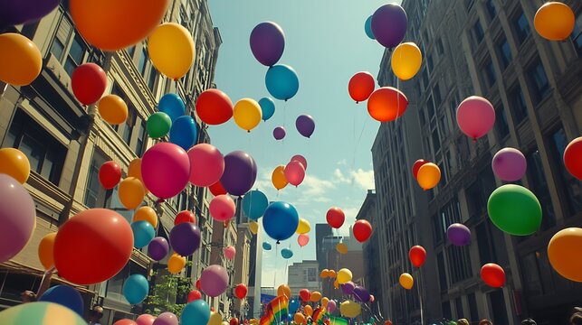Balloons float in a city street parade, blue sky
