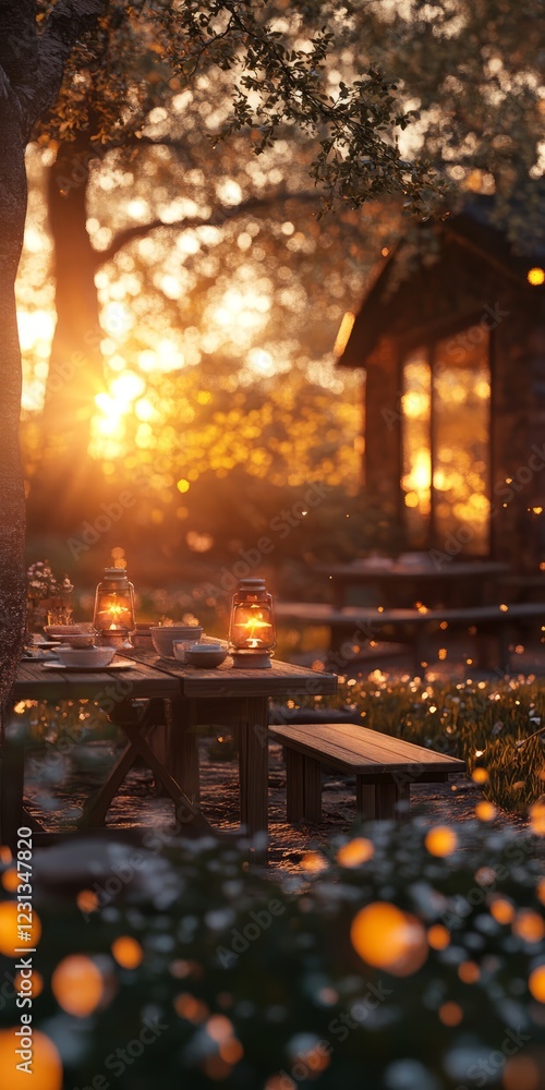 Poster warm sunset glow illuminates a rustic picnic table with lanterns in a serene forest setting, creatin
