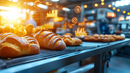 Modern Bakery Production Line with Data Analytics Overlay Freshly Baked Bread and Pastries