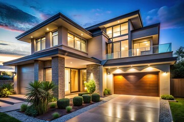 Fototapeta premium Illuminate the Night: Unveiling the Beauty of a Suburban Facade