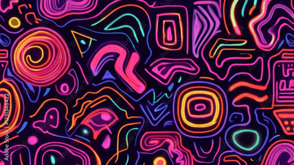 Poster vibrant neon abstract pattern with glowing shapes and lines