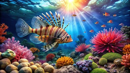 Lionfish Among Coral Garden in Tropical Waters