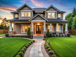 Luxury Home Exterior with Lush Lawn and Covered Porch