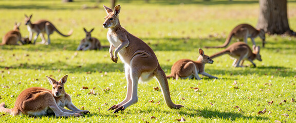Obraz premium Bouncing kangaroo joey in grassy zoo landscape, playful wildlife moment