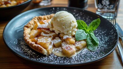 A plate of warm apple pie with a scoop of vanilla ice cream.