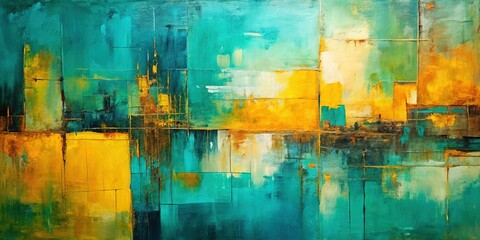 Obraz premium Modern Teal and Yellow Abstract Art Painting with Rule of Thirds
