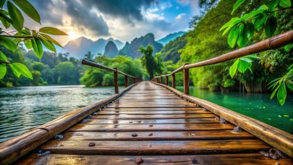 Fototapeta premium Thailand Wooden Bridge Over Water, Mountain Forest Landscape, Blue Sky Macro Photography