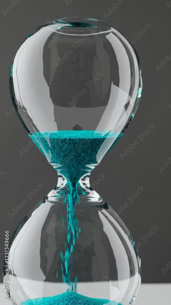 Poster a macro shot of a glass hourglass containing vibrant turquoise sand, emphasizing each delicate grain