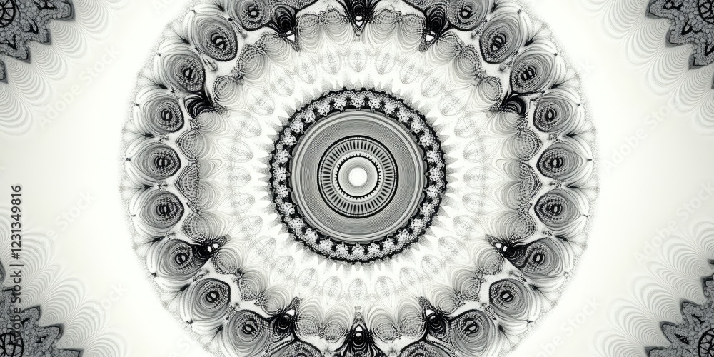 Poster a detailed black and white mandala showcasing intricate geometric patterns and symmetrical design el