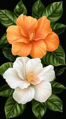 Fototapeta premium A vibrant depiction of an orange hibiscus and a pristine white camellia
