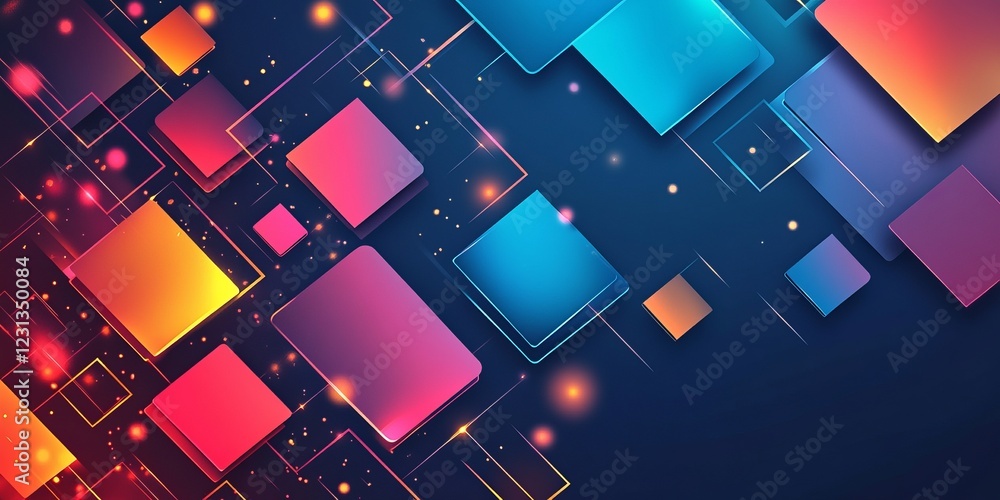 Poster dynamic abstract design featuring colorful geometric squares with glowing effects on a dark blue bac
