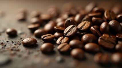 Fototapeta premium Close-up of coffee beans scattered on a textured surface, with rich tones and varying focus. Soft lighting enhances the glossy sheen and depth, highlighting the organic texture.