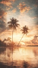 A serene sunset scene featuring two palm trees reflecting in calm water, surrounded by clouds and warm hues, capturing a tranquil tropical atmosphere.