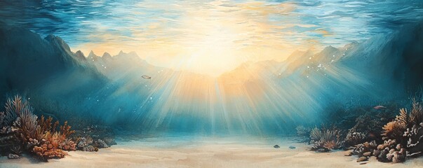 Fototapeta premium A serene underwater scene illuminated by sunlight, showcasing vibrant corals and marine life, creating a tranquil and enchanting atmosphere.